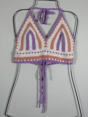 ANWND Crochet Halter Crop Top Purple Peach Cream Boho Festival Size M